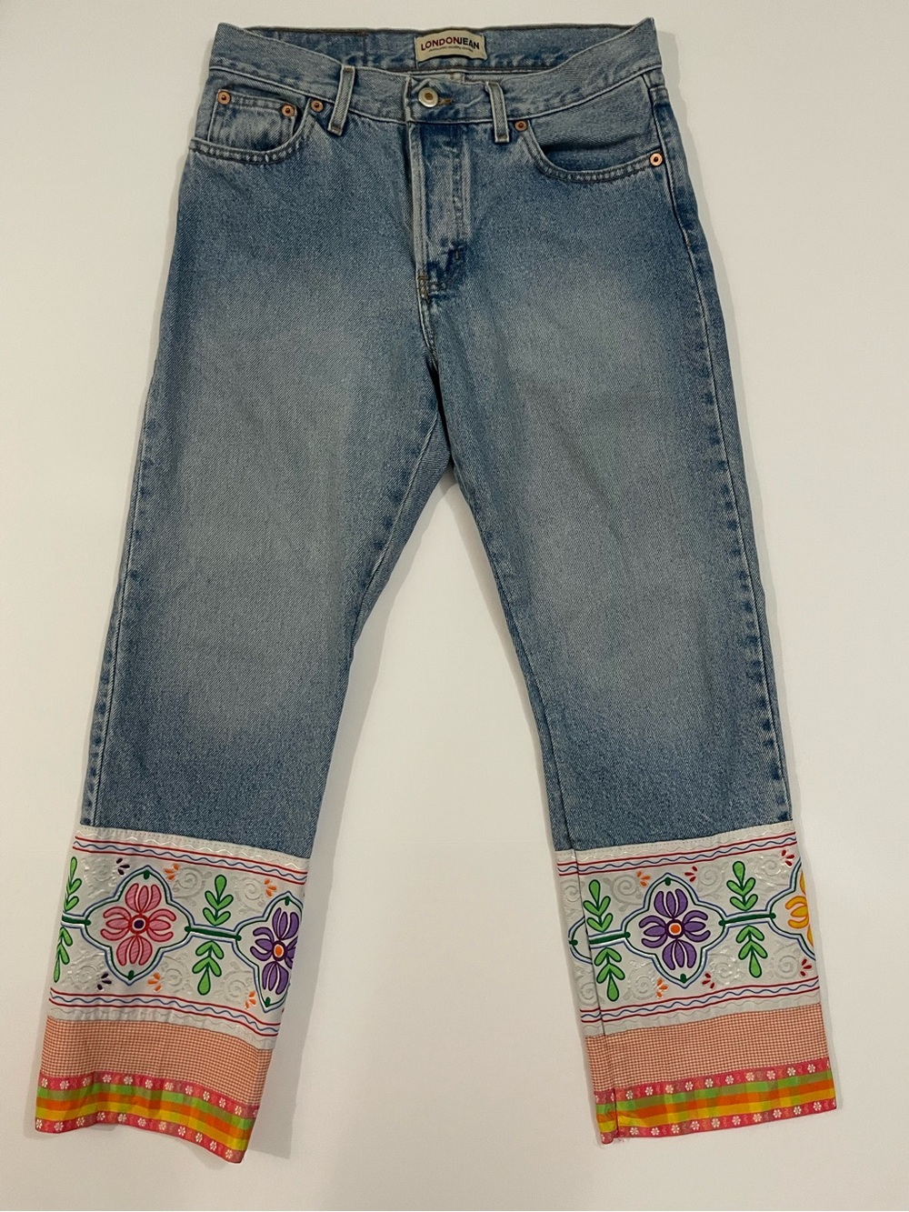 Vtg London Jean Cottagecore Embroidered Ribbon Cuff Cropped Jeans Folk Boho 6